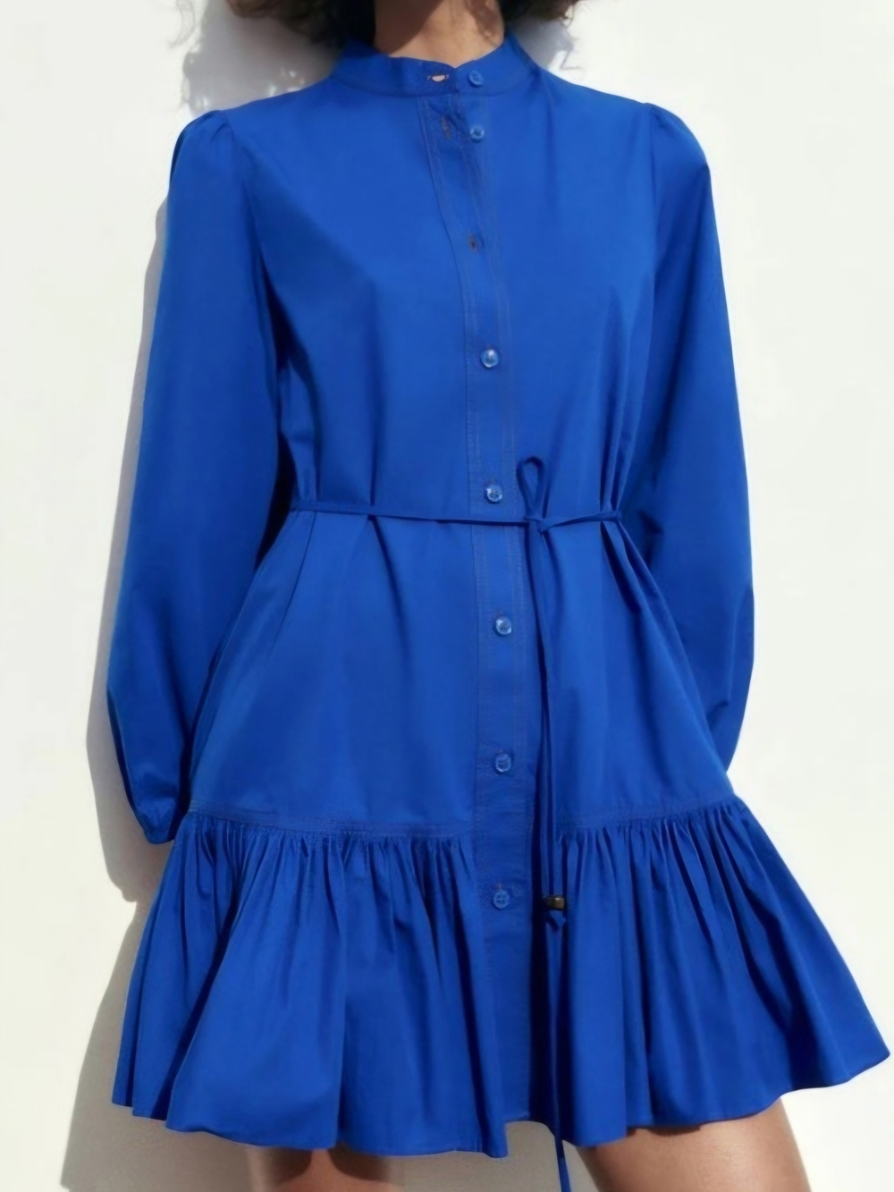 Zara Royal Blue Long-Sleeve Button-Front Mini Dress